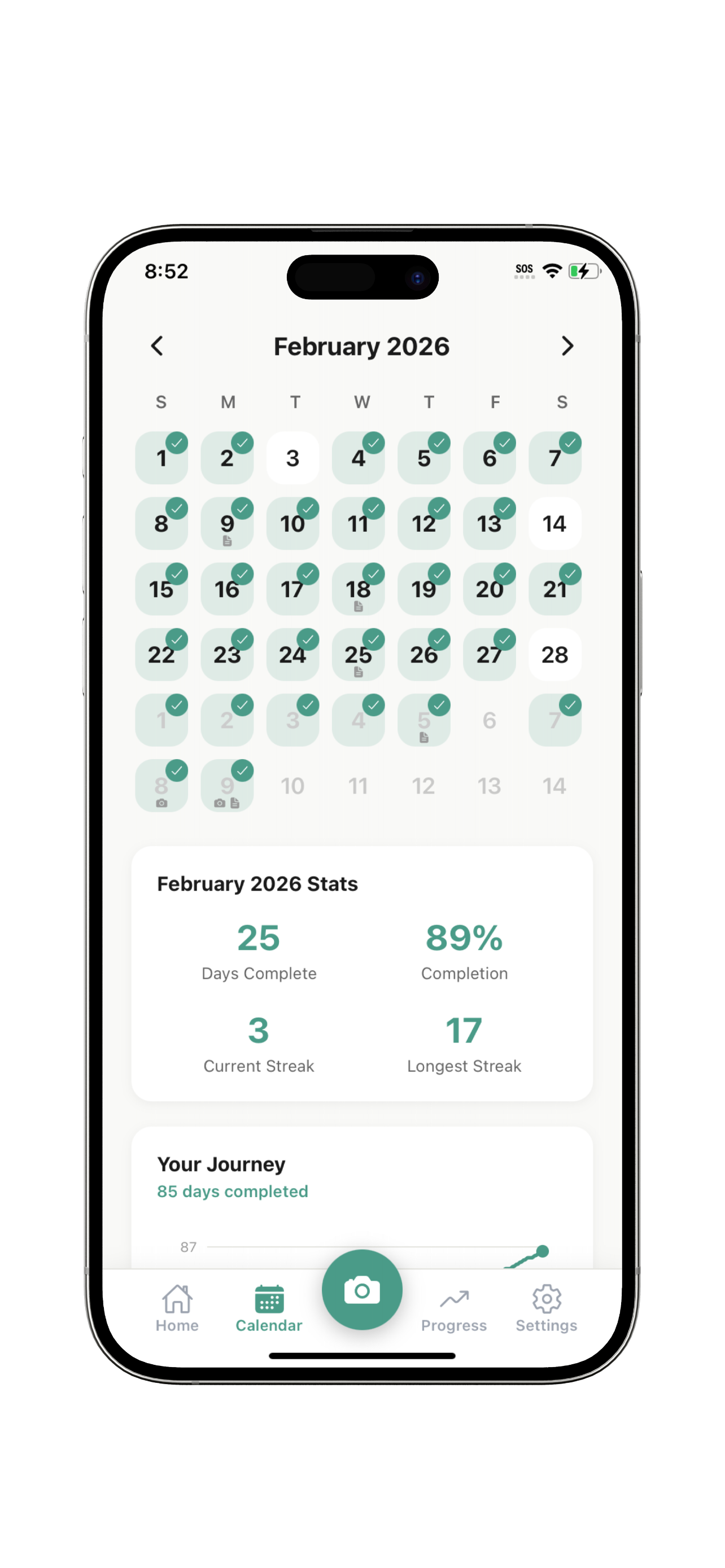 Calendar view showing treatment completion history